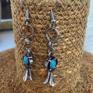 Turquoise Color Stone Accent Silver Tone Dangle Earrings